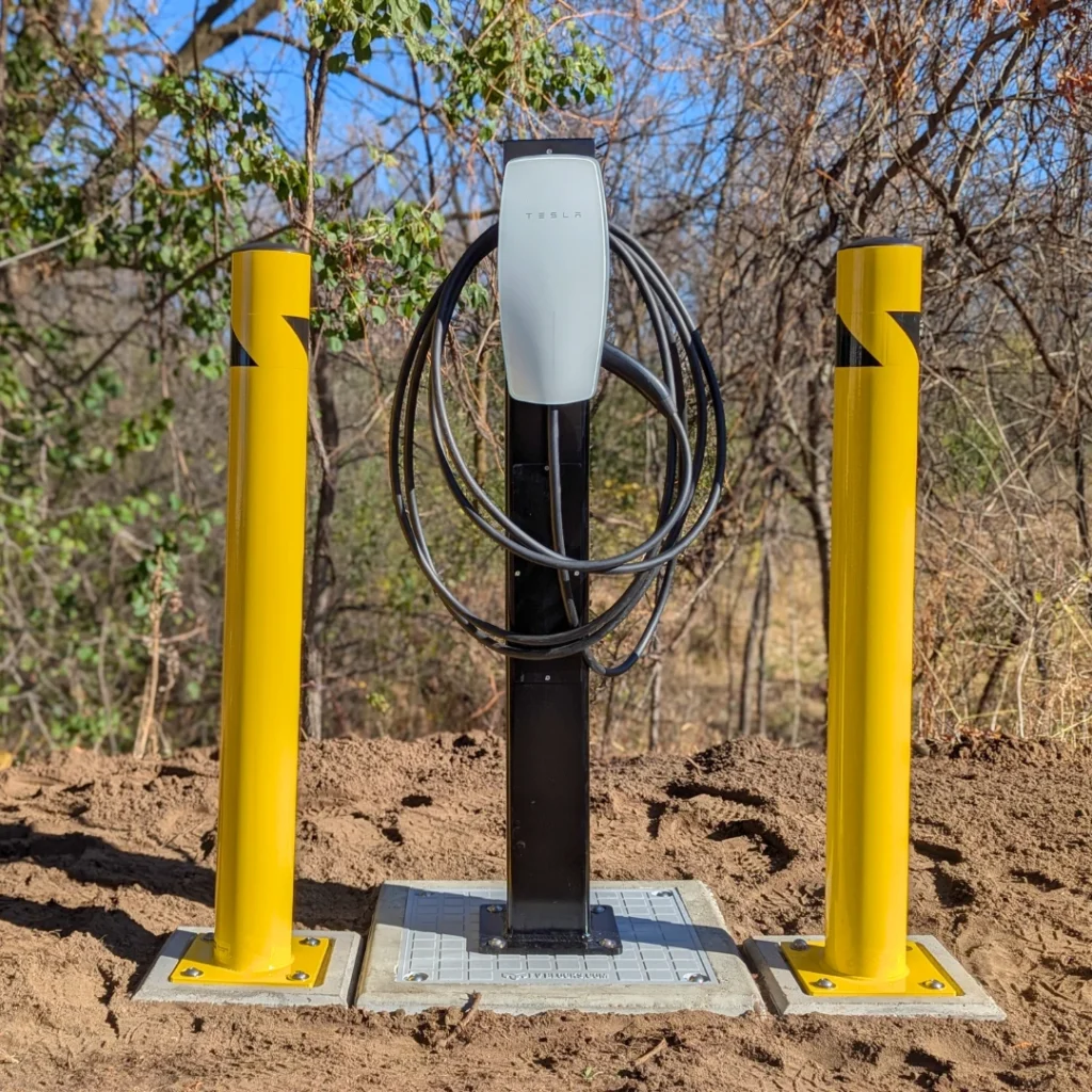 Fully installed EV charger mounted on the Standard EV Block, EV charger foundation base